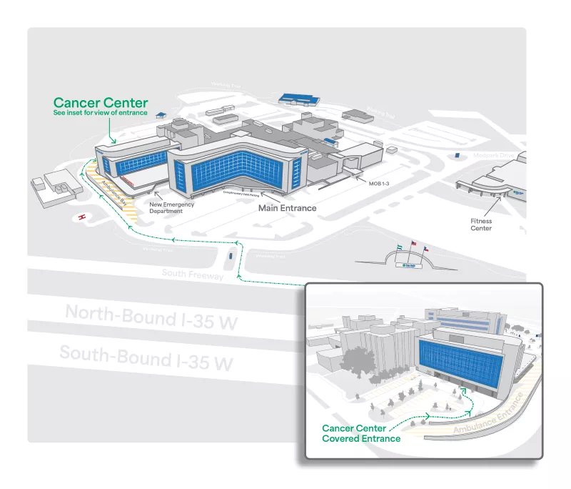 New map of the Cancer Center parking at Texas Health Huguley Hospital Fort Worth South